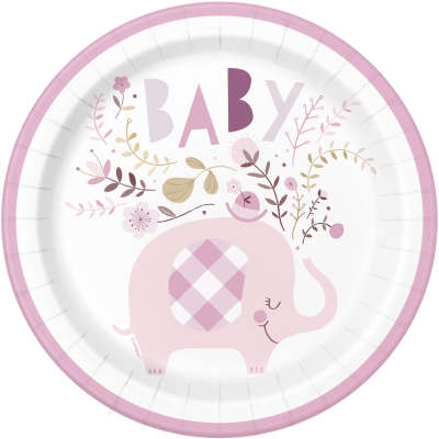 Хартиена парти чинийка , Бебе, момиче, слонче с флорални елементи /  Pink Floral Elephant, 8 бр. в опаковка