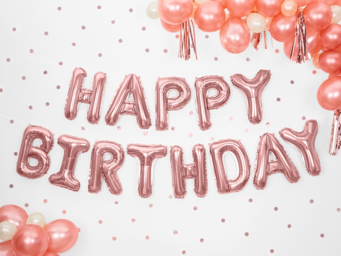Надпис от фолиеви балони Happy Birthday, цвят розово злато 340х35 /Pd/