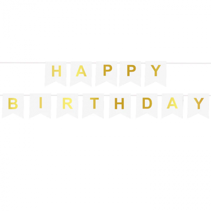 Банер Happy Birthday, бял със златни букви /Pp/