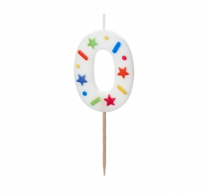 Свещичка цвят бял с конфети, цифра 0 /Pd/