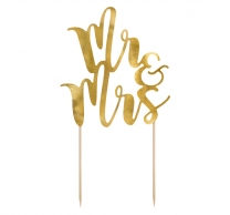Декорация за торта Mr. and Mrs, Младоженци, сватба, в огледално златно, 25,5 см  /Pd/
