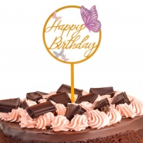 Декорация за торта Пеперуди с текст Happy Birthday в златно, 17,0см /Mb/