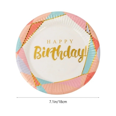 Хартиена чинийка златни букви Happy Birthday, 18 см диаметър, 10 бр. /Gx/