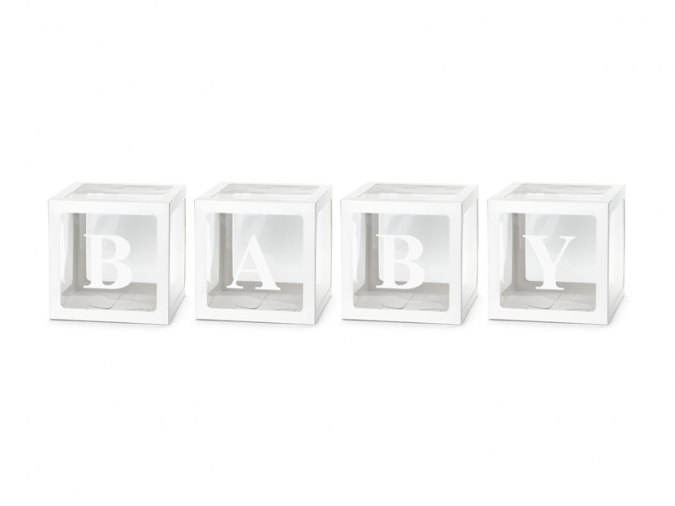 Комплект 4бр. декоративни прозрачни кутии за балони с букви Baby, цвят бял /Pd/