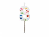 Свещичка цвят бял с конфети, цифра 8 /Pd/