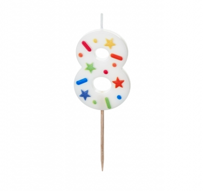 Свещичка цвят бял с конфети, цифра 8 /Pd/