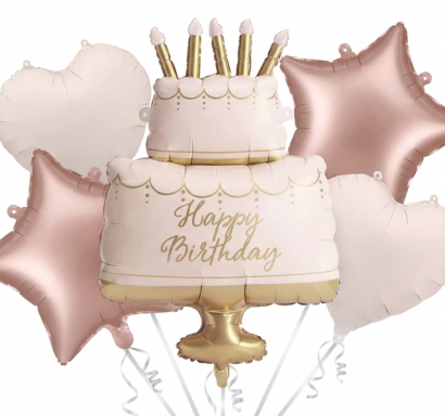 Комплект 5 бр. фолиеви балони Торта Happy Birthday в пастелни цветове /Pd/