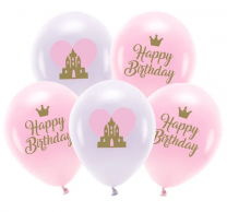 Комплект 5 бр. пастелни розови и лилави балони с надпис Happy Birthday /Pd/