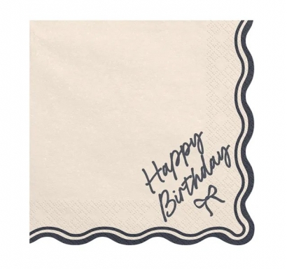 Салфетки с Панделка Happy Birthday в бежово и черно, 12бр. в пакет /Pd/