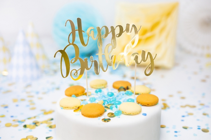 Декорация за торта с текст Happy Birthday в огледално златно, 22,5см /Pd/