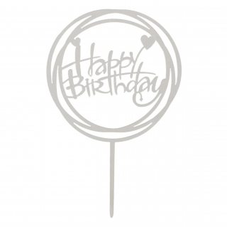 Декорация за торта с текст Happy Birthday в сребърно, 10,3х16,3см /mb/