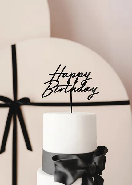 Топер за торта и декорация, Happy Birthday в черно /Pd/
