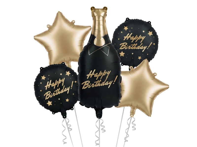 Комплект 5 бр. фолиеви балони Шампанско Happy Birthday в черно и златно /Pd/