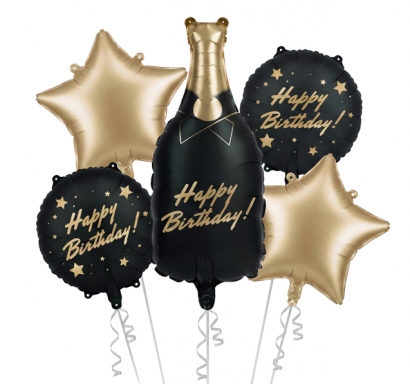 Комплект 5 бр. фолиеви балони Шампанско Happy Birthday в черно и златно /Pd/