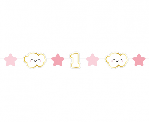 Банер гирлянд за декорация с текст First Birthday / Първи рожден ден, 1,20 м дължина, цвят розов момиче /Gd/