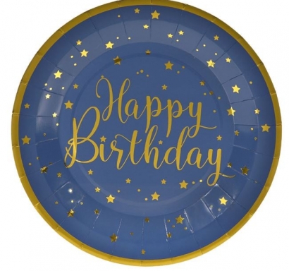Хартиена чинийка  в крафт и синьо Happy Birthday в златно, 6бр. в пакет /Mb/