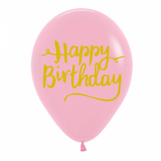Балон розов със златен печат Happy Birrthday 30 см диаметър,  6 бр. в пакет