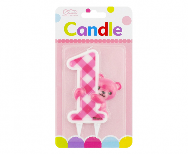 Свещичка за рожден ден, цифра едно, момиче, мече, първи рожден ден цвят розов /Gd/