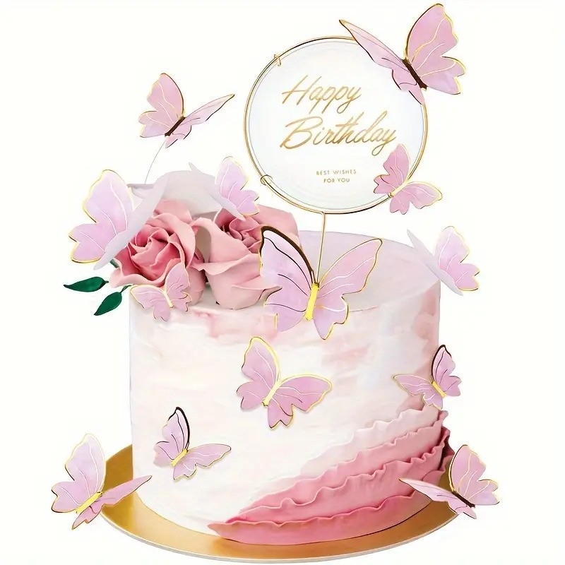 Декорация за торта Пеперуди с текст Happy Birthday в розово и златно /Pe/