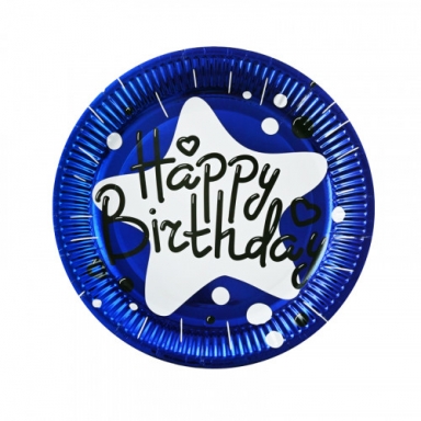 Хартиена парти чинийка Happy Birthday, синя фолио 23 см, 10 бр. в пакет /Km/