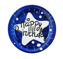 Хартиена парти чинийка Happy Birthday, синя фолио 23 см, 10 бр. в пакет /Km/