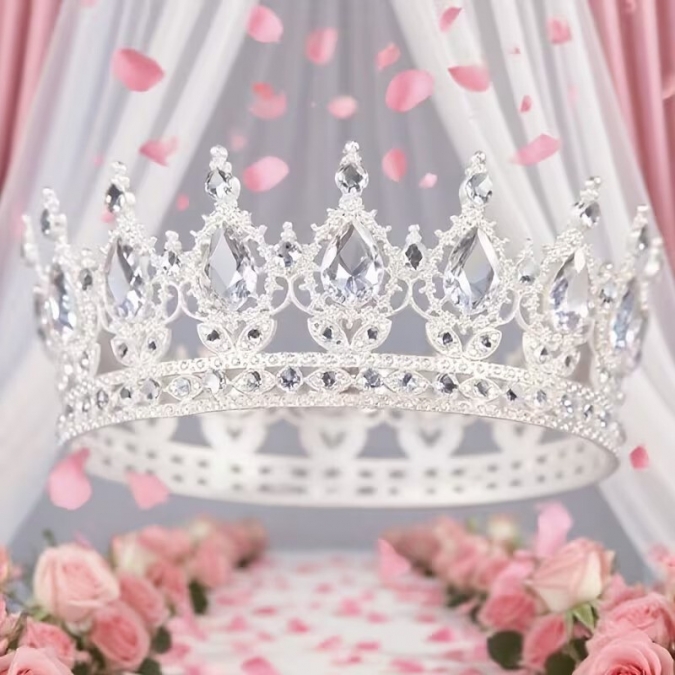 Метална корона с камъни за декорация на торта и тематични партита, цвят сребро /Tm/