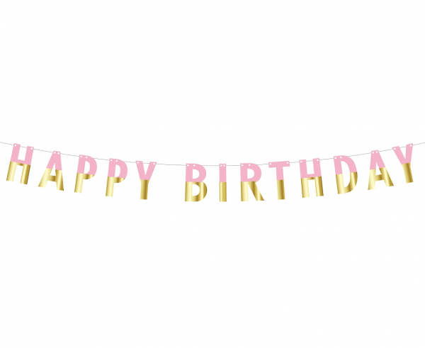 Банер гирлянд за декорация с текст Happy  Birthday / Рожден ден, 1,60 м дължина, цвят розов и злато /Gd/