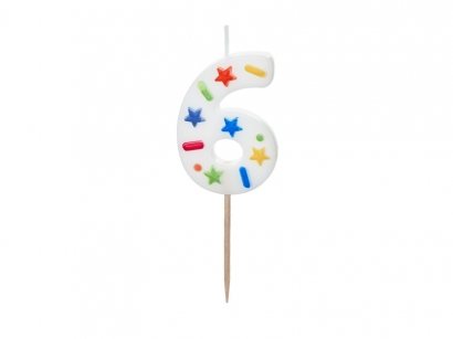 Свещичка цвят бял с конфети, цифра 6 /Pd/