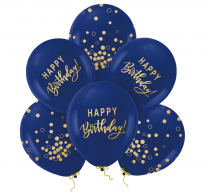 Комплект 6 бр. балони с надпис Happy Birthday, в тъмно сини и златни цветове /Pp/