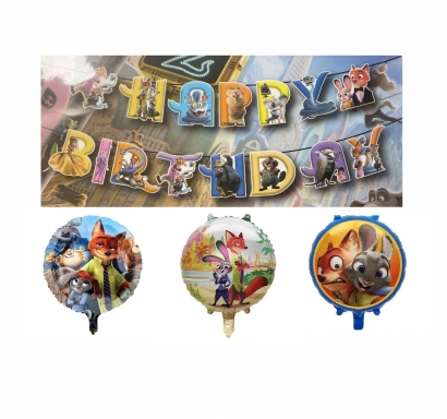 Комплект 5 бр. фолиеви балони и банер Happy Birthday Зоотрополис 2 /Tm/