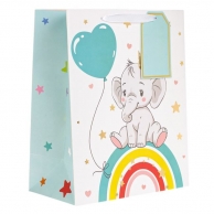 Подаръчна торбчка в синьо, слонче и дъга, златисто фолио, 26x14.5x32см /Mb/