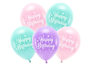Комплект 5 бр. розови и тюркоаз балони с надпис Happy Birthday /Pd/