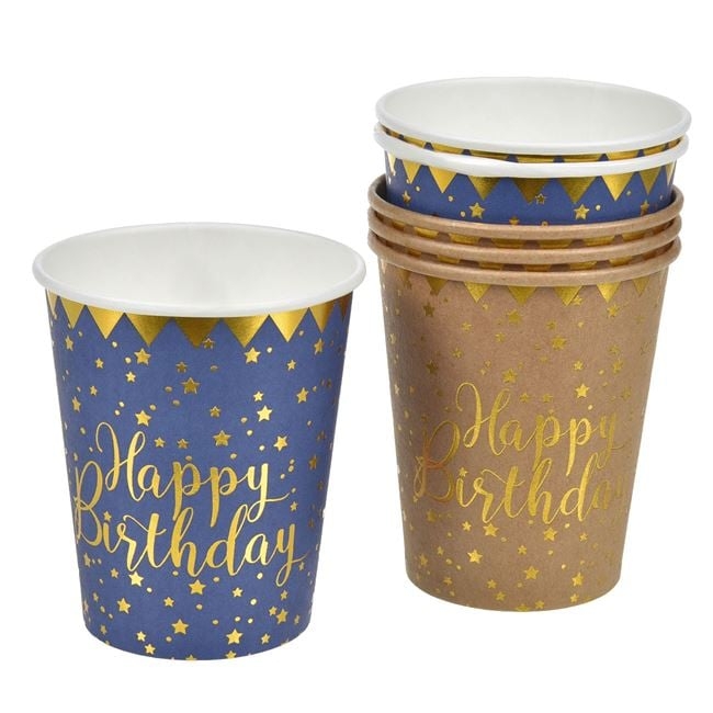 Хартиена чашка в крафт и синьо Happy Birthday в златно, 6 бр. в пакет /Mb/