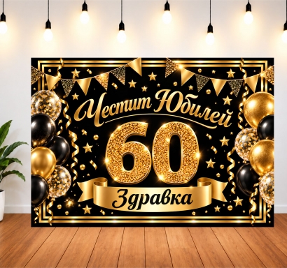 Винил за фон на рожден ден, юбилей в черно и златно, размер 100х70см