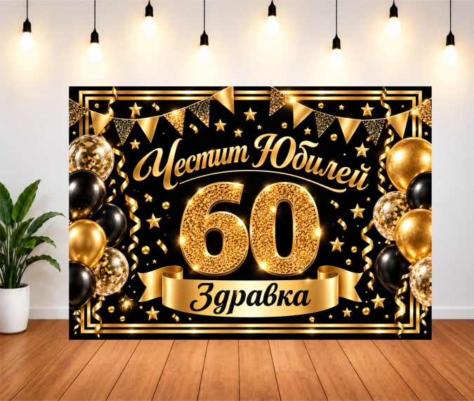 Винил за фон на рожден ден, юбилей в черно и златно, размер 100х70см