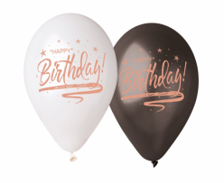 Комплект 5 бр. премиум балони с печат Happy Birthday, в бяло и черно Gemar /Gd/