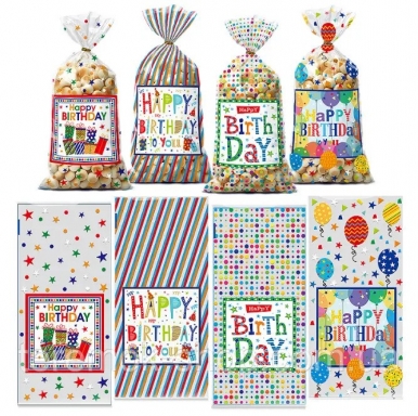 Подаръчни торбички целофан, балони Happy Birthday, 27х12,5см, 50бр. /Pe/