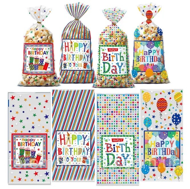 Подаръчни торбички целофан, балони Happy Birthday, 27х12,5см, 50бр. /Pe/