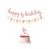 Банер с надпис Happy 1/2 Birthday, 6 месеца, брокат, с флагчета и топер в розово злато /Ch/