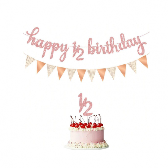 Банер с надпис Happy 1/2 Birthday, 6 месеца, брокат, с флагчета и топер в розово злато /Ch/