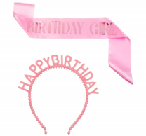 Парти комплект сатенена лента и диадема с надпис Birthday Girl в розово /Mb/