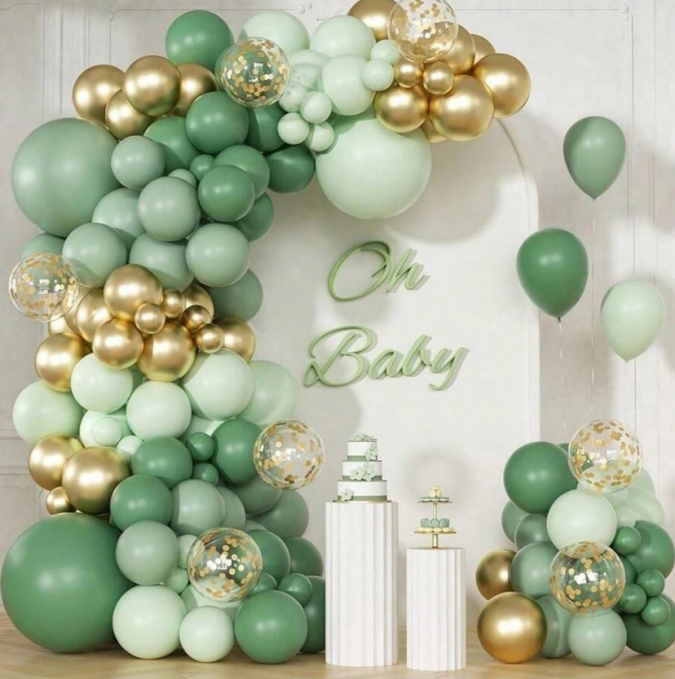 Комплект за арка 147 бр. балони в зелено мента, нежно синьо, бяло и златно хром /Ch/