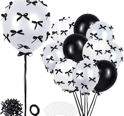 Комплект 41 бр. балони в черно, бяло и шампанско с панделки /Pe/