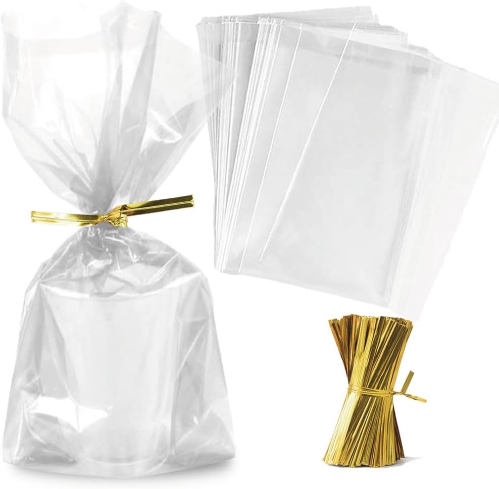 Подаръчни торбички целофан със златни връзки, 15х10см, 50бр. /Tm/