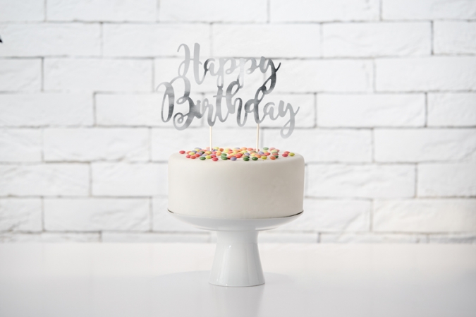 Декорация за торта с текст Happy Birthday в огледално сребърно, 22,5см /Pd/