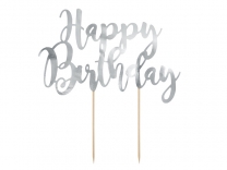 Декорация за торта с текст Happy Birthday в огледално сребърно, 22,5см /Pd/
