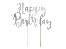 Декорация за торта с текст Happy Birthday в огледално сребърно, 22,5см /Pd/
