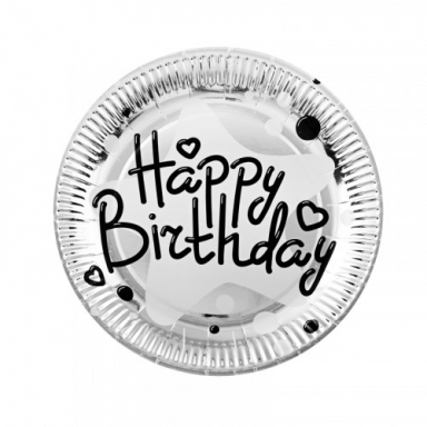 Хартиена парти чинийка Happy Birthday, сребърна фолио 23 см, 10 бр. в пакет /Km/