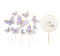 Декорация за торта Пеперуди с текст Happy Birthday в лилаво и златно /Pe/