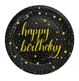 Хартиена чинийка Happy Birthday черна със злато, 23 см 8 бр. опаковка